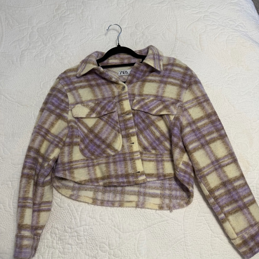 Zara Cream and Lavender Plaid Cropped Jacket